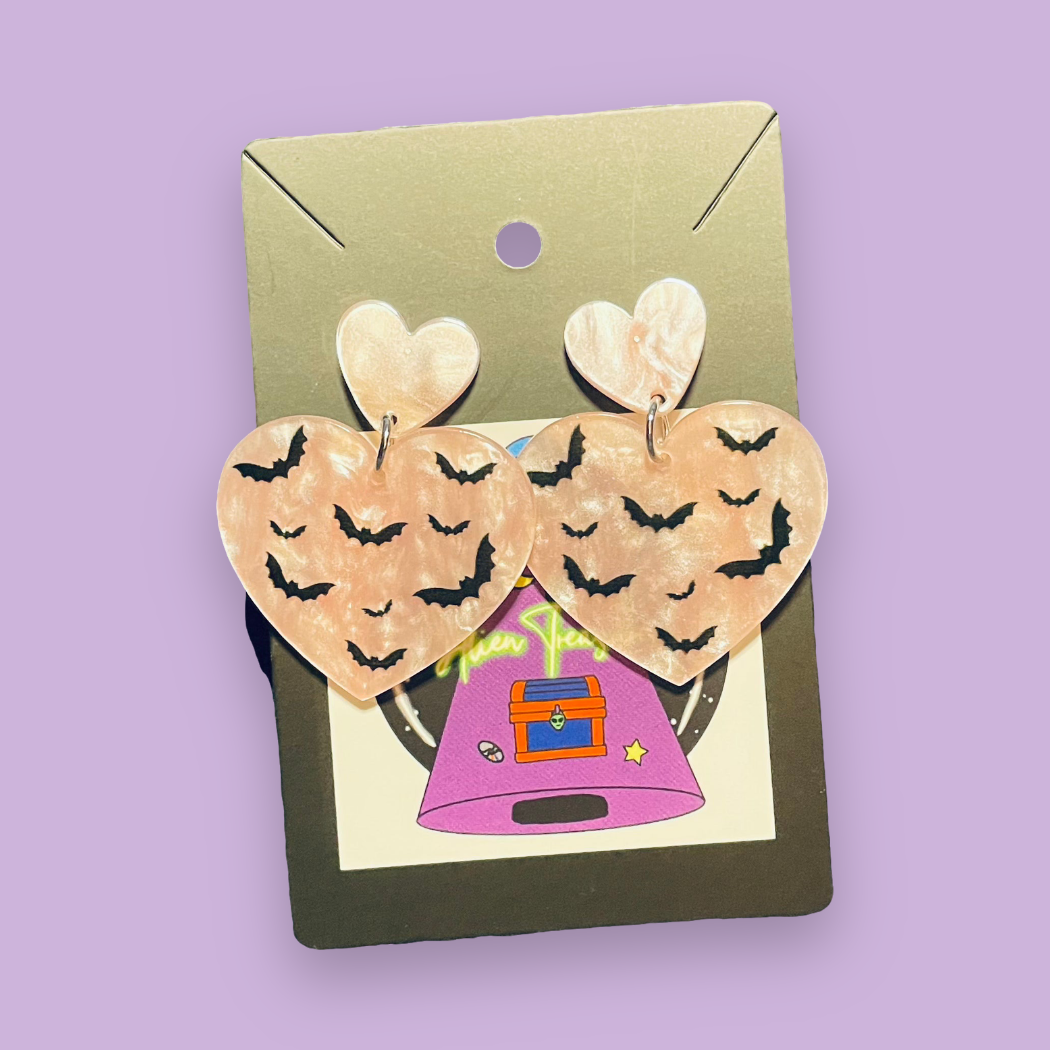 Milk Pink Bat Heart Earrings
